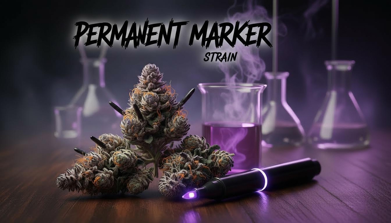 Permanent Marker cannabis flower macro — deep purple trichome frost